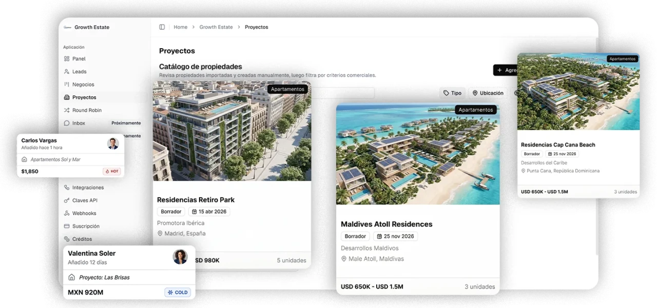 Dashboard del CRM inmobiliario Flow Estate